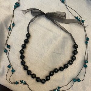 2 piece necklace LOT black beads with ribbon tie and other with teal beads